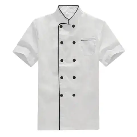 Custom-made professional short-sleeve chef's uniform with black buttons and piping 1